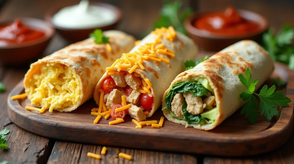three different chicken breakfast burritos