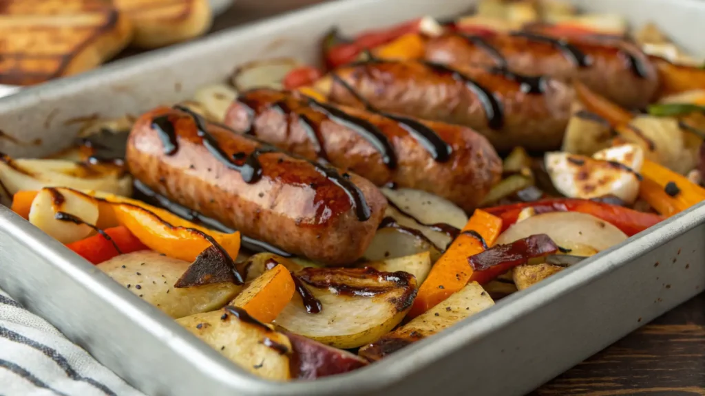 Sausage sheet pan dinner with balsamic glaze