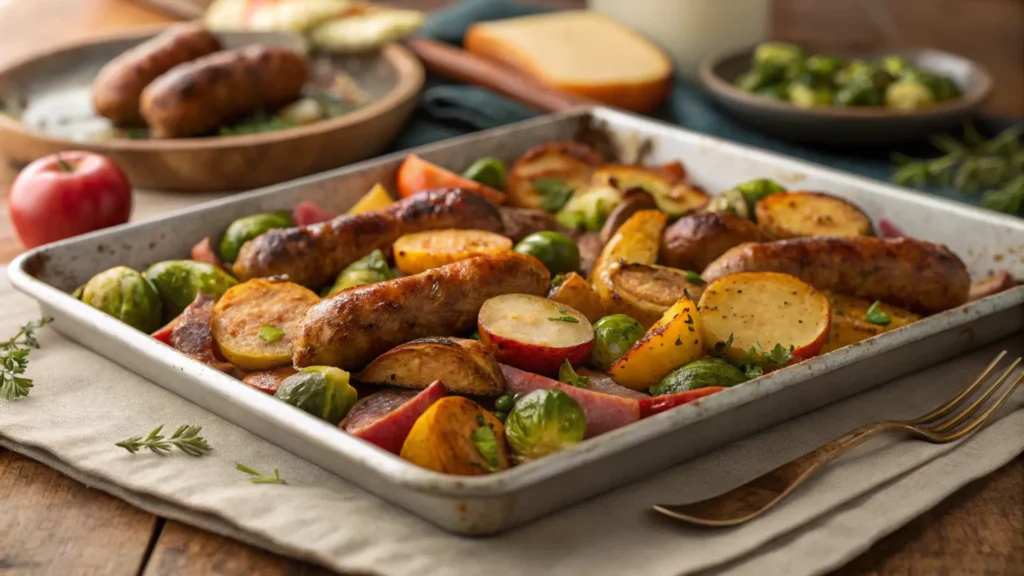 Fall-inspired sausage sheet pan dinner with roasted vegetables