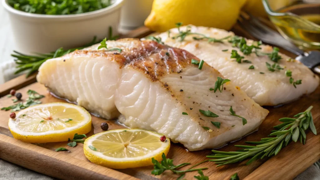 Raw cod and tilapia fillets prepped for zesty lemon butter fish fillet recipe