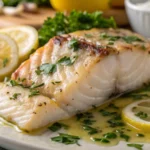 Zesty lemon butter fish fillet close-up with sauce