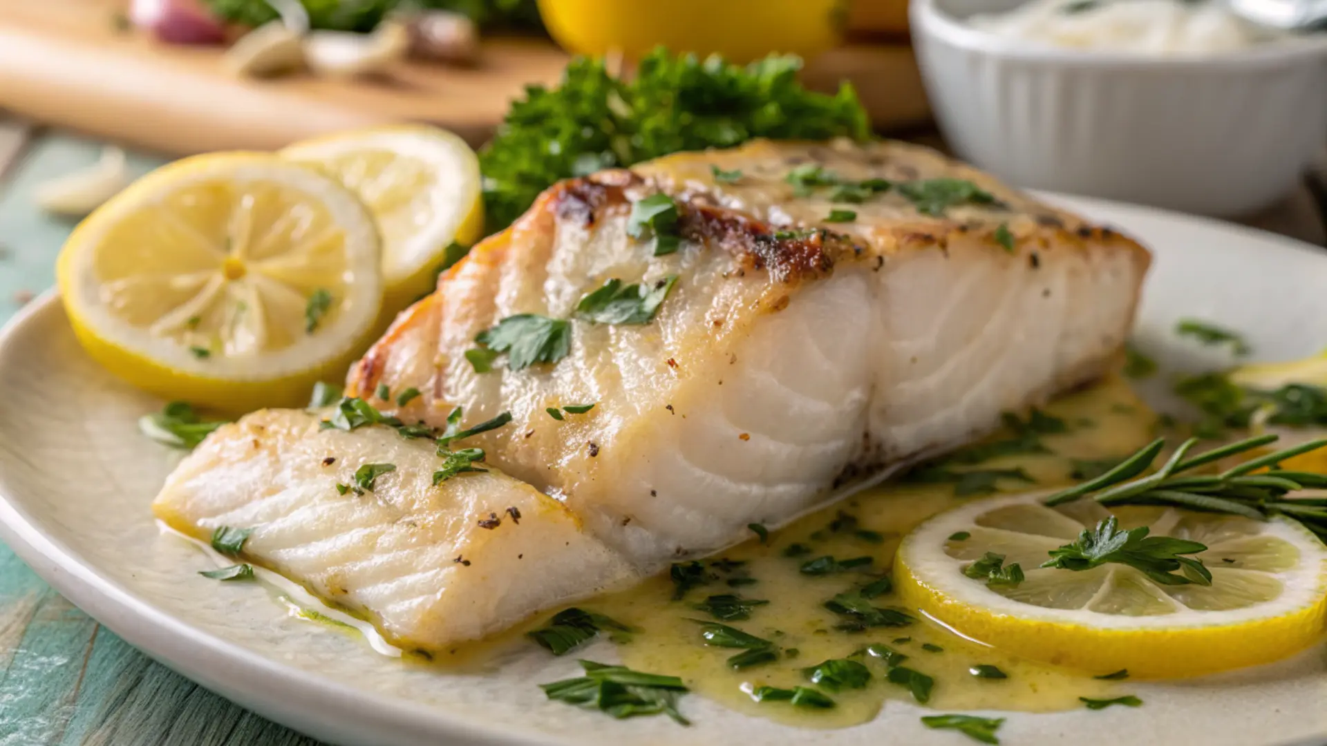 Zesty lemon butter fish fillet close-up with sauce
