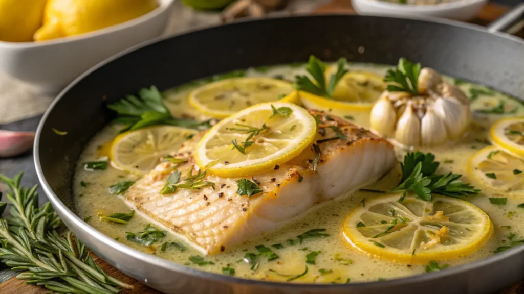 Creamy lemon butter sauce for zesty lemon butter fish fillet simmering in a pan