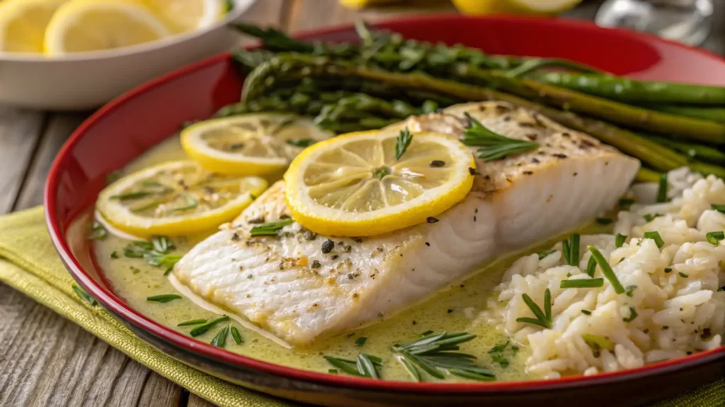 Zesty lemon butter fish fillet plated with garlic rice and asparagus