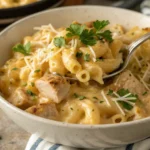 parmesan garlic chicken mac and cheese served hot in a bowl