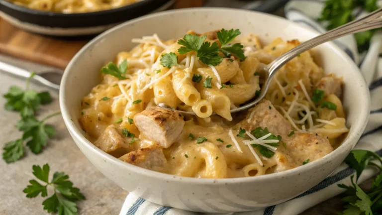 parmesan garlic chicken mac and cheese served hot in a bowl