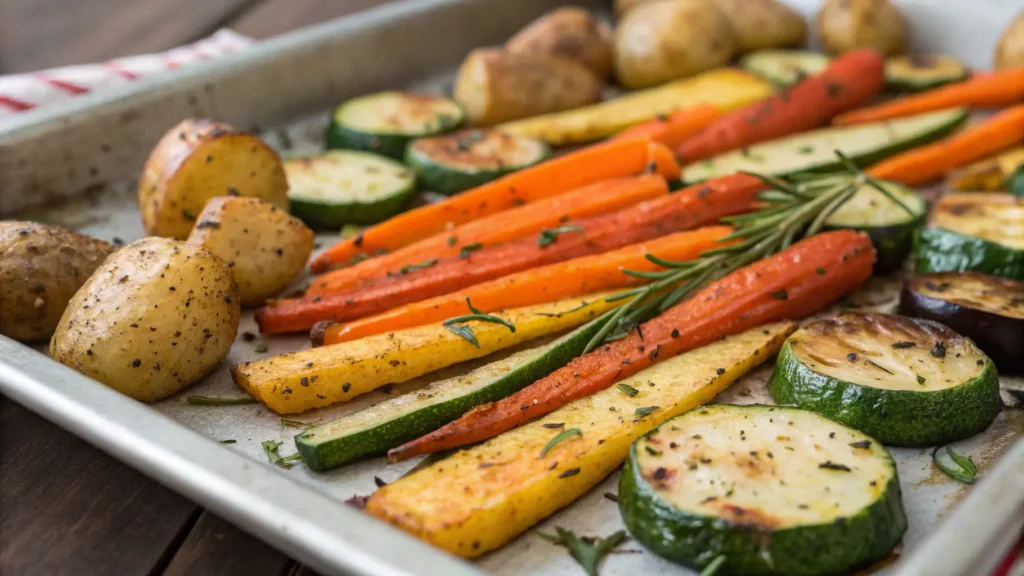 Garlic herb roasted vegetables on a baking sheet with golden crispy edges