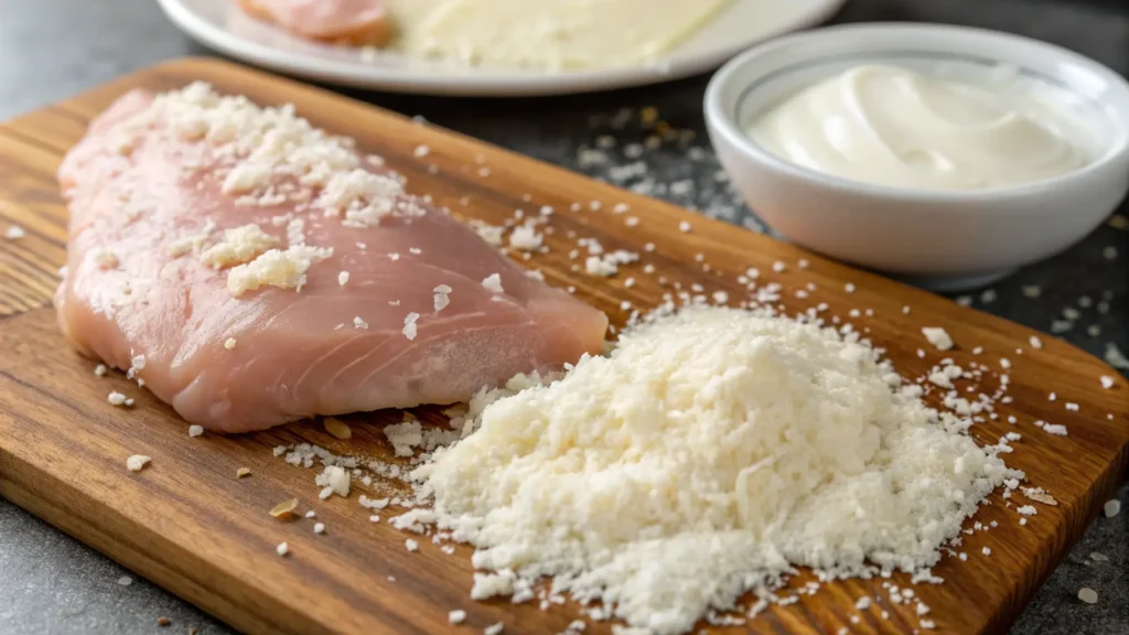 Ingredients for creamy chicken Alfredo including chicken, cream, and parmesan