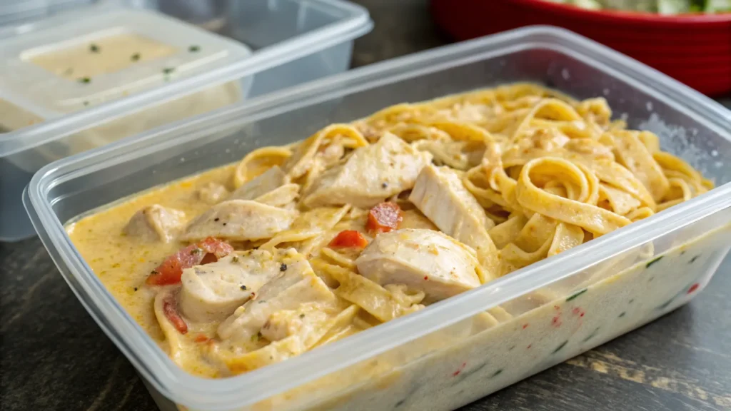 Creamy chicken Alfredo stored in airtight meal prep container