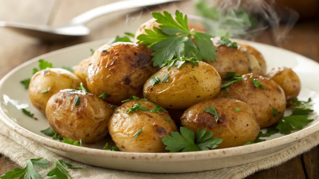 Roasted garlic herb baby potatoes with parsley on a rustic plate garlic herb roasted veggies