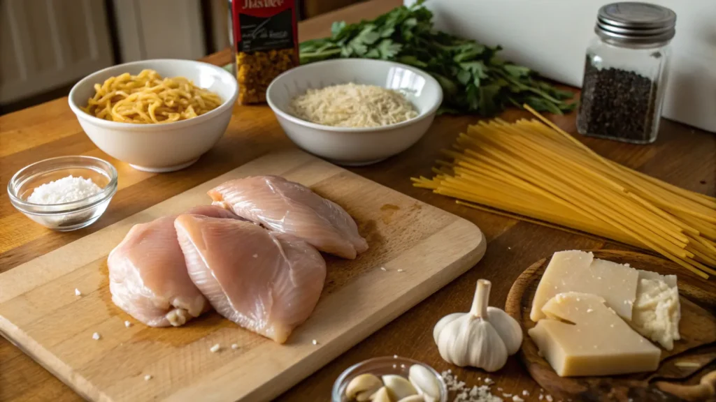 ingredients for garlic parmesan mac and cheese on counter