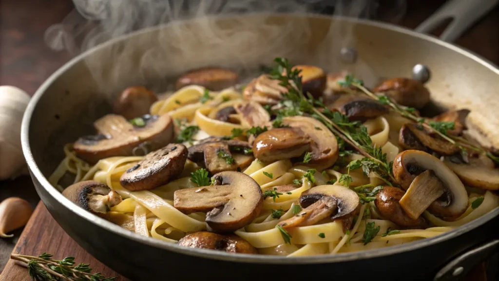 Sauteed mushrooms and garlic to enhance chicken Alfredo flavor