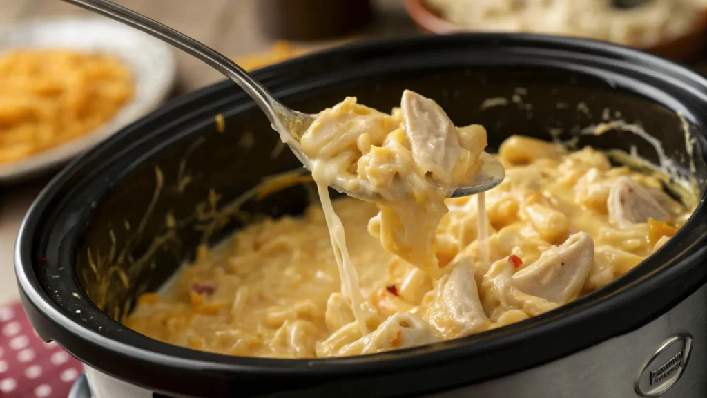 stirring garlic parmesan mac and cheese in slow cooker