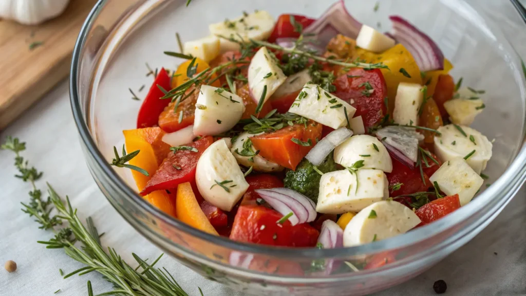 Raw vegetables tossed with garlic and herbs in a glass bowl