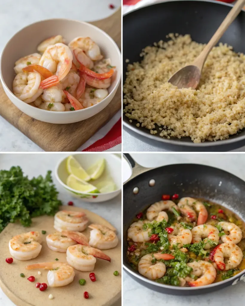 Step-by-step spicy shrimp with quinoa recipe collage