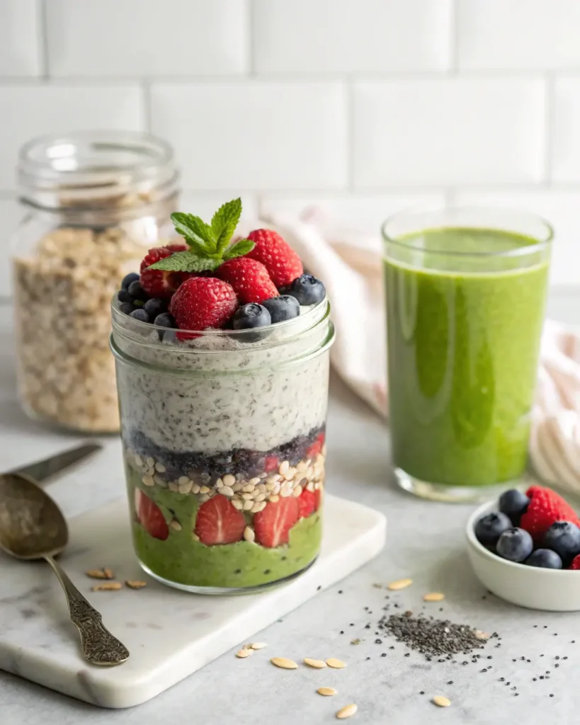 Overnight oats in a jar and a green smoothie, ready for a quick gluten-free breakfast.