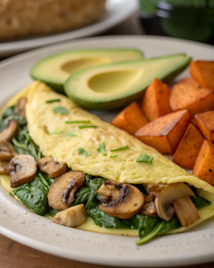 A savory gluten-free omelet with vegetables, avocado, and sweet potatoes.