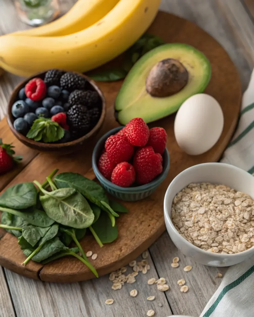 Assortment of naturally gluten-free foods: fruits, vegetables, eggs, and oats.