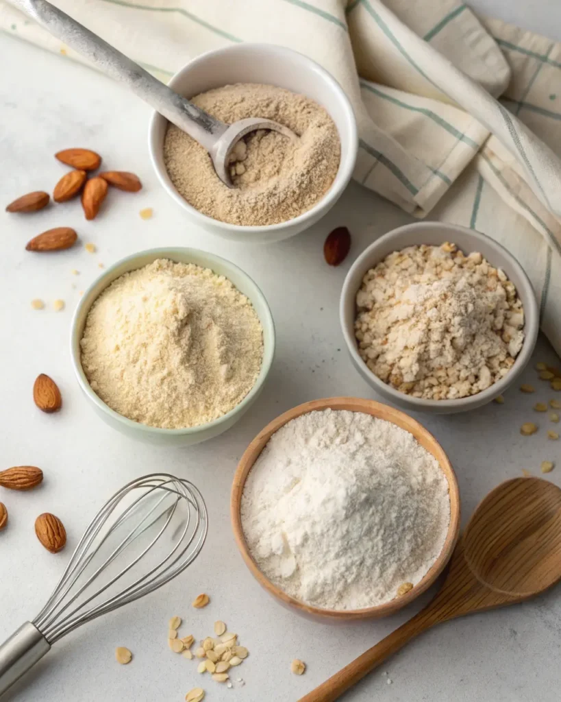 Assortment of gluten-free flours: almond, rice, and oat flour.