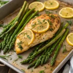 Roasted lemon herb chicken breast and asparagus on a baking tray, Lemon Herb Chicken with Roasted Asparagus