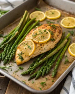 Roasted lemon herb chicken breast and asparagus on a baking tray, Lemon Herb Chicken with Roasted Asparagus