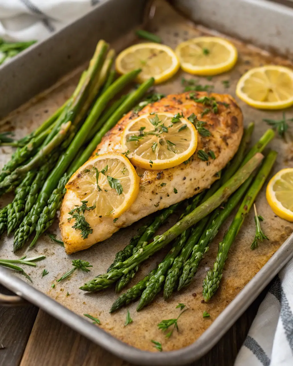 Roasted lemon herb chicken breast and asparagus on a baking tray, Lemon Herb Chicken with Roasted Asparagus