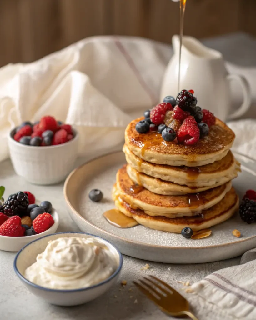 Stack of gluten-free pancakes with berries and maple syrup.