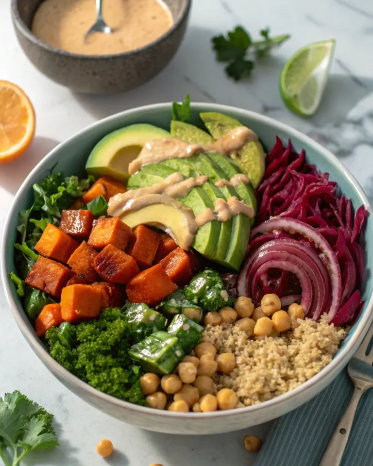 Overhead view of a healthy and colorful Buddha bowl packed with fresh vegetables, quinoa, and chickpeas.