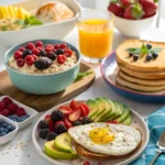 A colorful spread of gluten-free breakfast foods including overnight oats, pancakes, and egg toast.