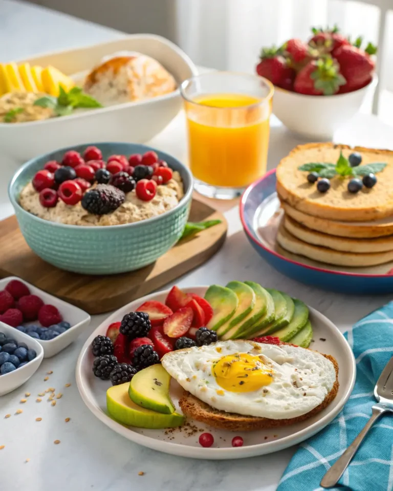 A colorful spread of gluten-free breakfast foods including overnight oats, pancakes, and egg toast.
