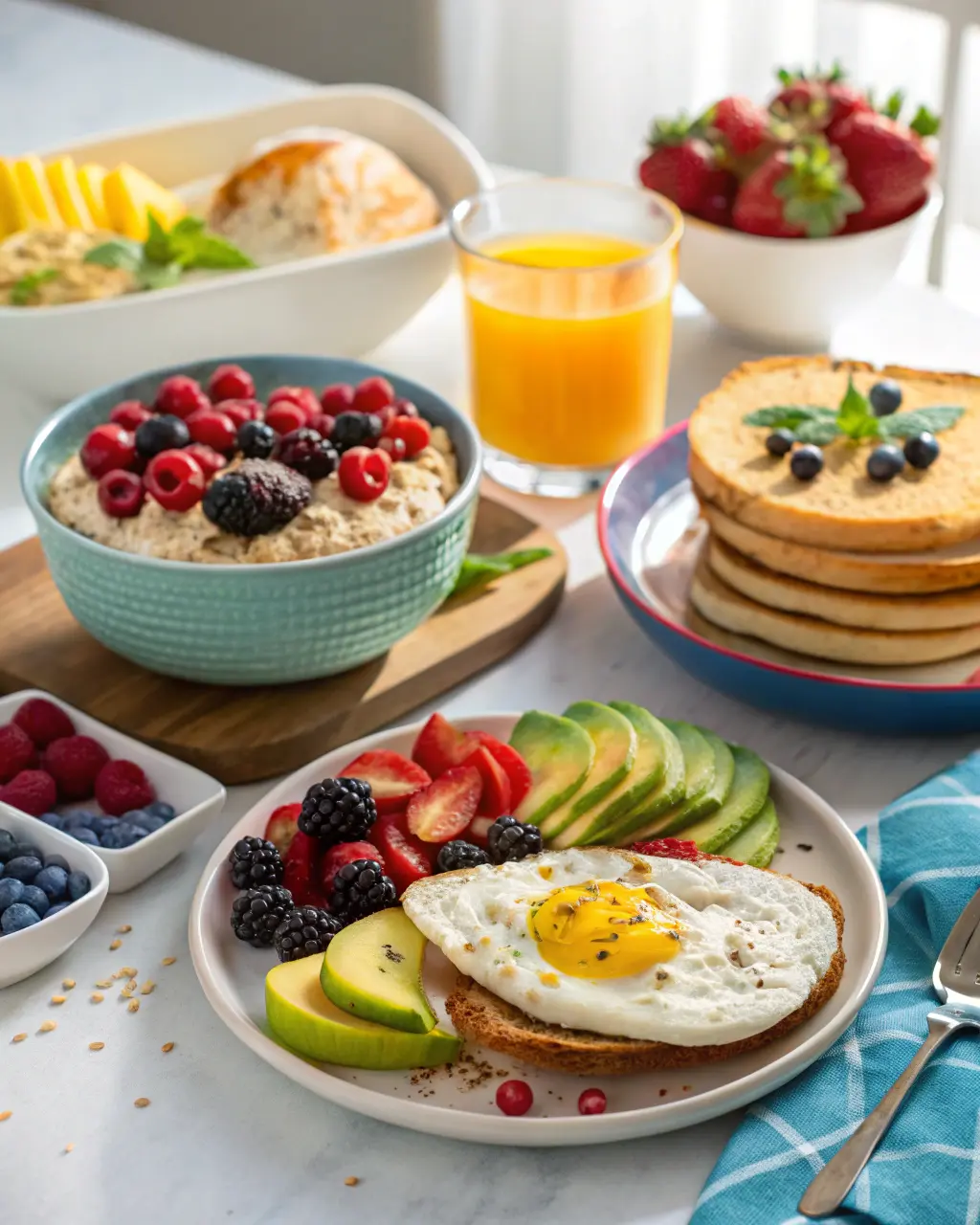 A colorful spread of gluten-free breakfast foods including overnight oats, pancakes, and egg toast.