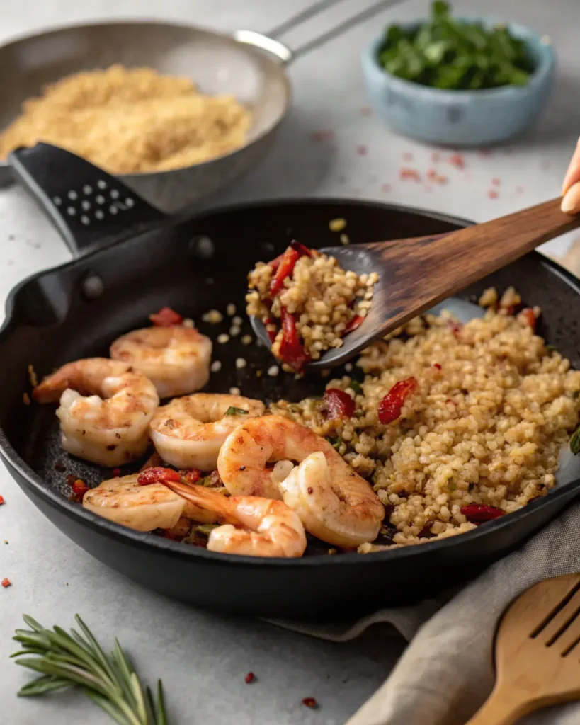 Shrimp in skillet with quinoa and spices