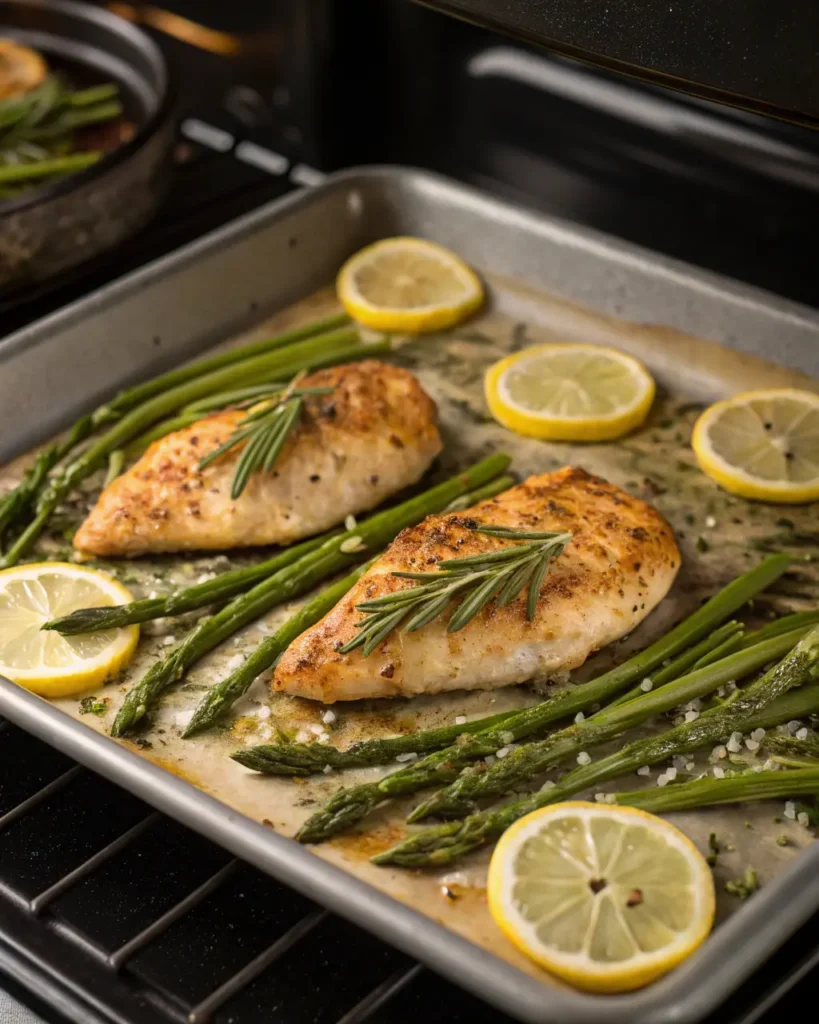 Chicken and asparagus roasting in oven on sheet pan