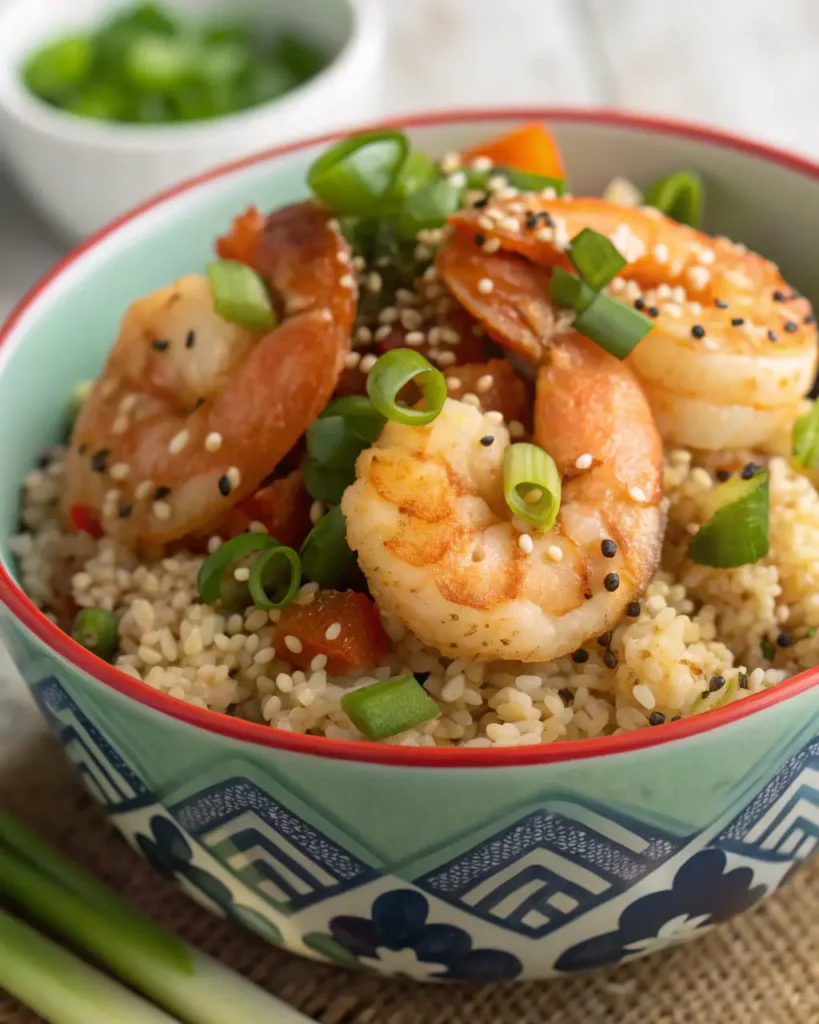 Fusion rice-quinoa bowl with shrimp