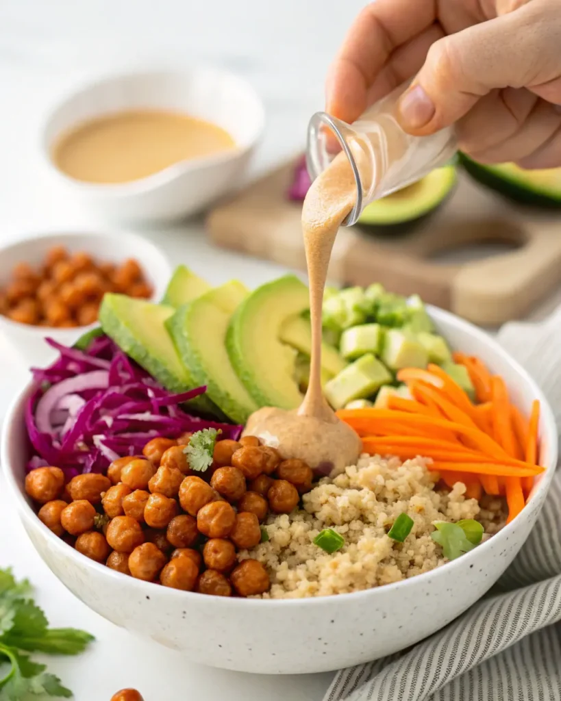 Close-up of a balanced vegan lunch bowl being assembled with quinoa, chickpeas, avocado, and colorful vegetables.