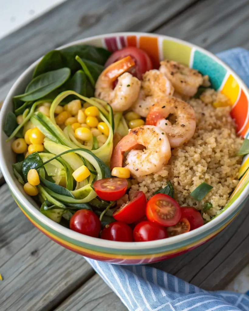 Bowl of shrimp quinoa with fresh vegetables