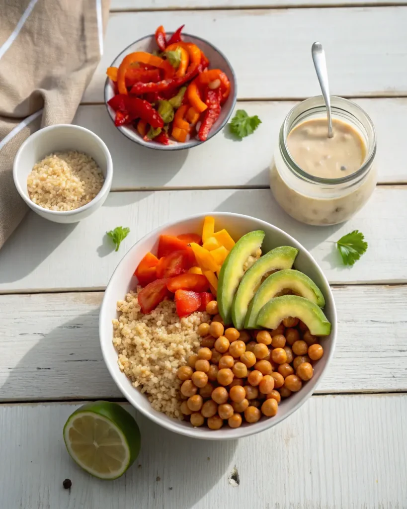 Ingredients for building a Colorful Buddha bowl: quinoa, chickpeas, avocado, bell peppers, and dressing.