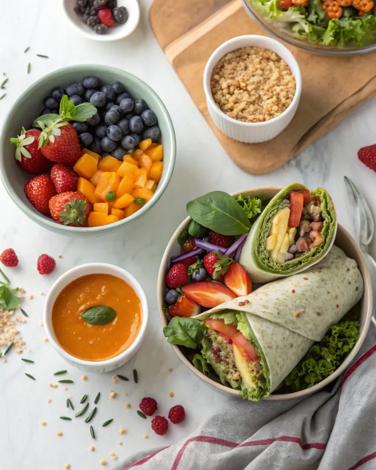 Colorful assortment of easy vegan lunch recipes including a buddha bowl, wrap, and soup on a light wooden background.