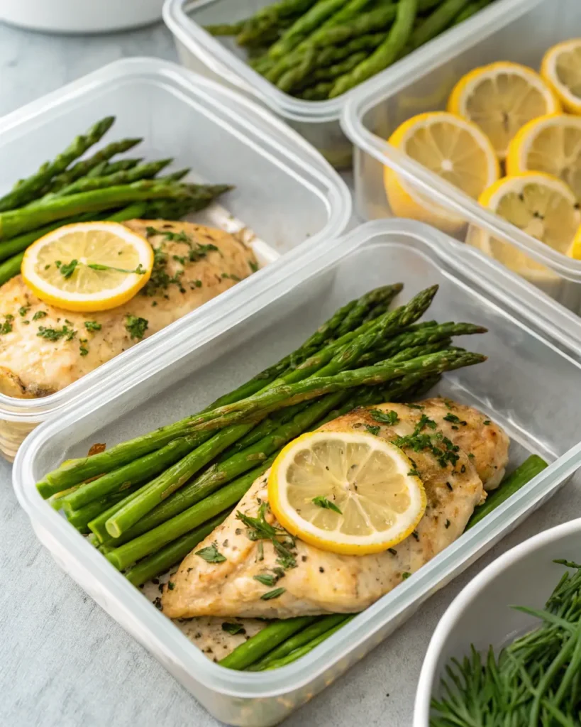 Meal prep containers with chicken and asparagus
