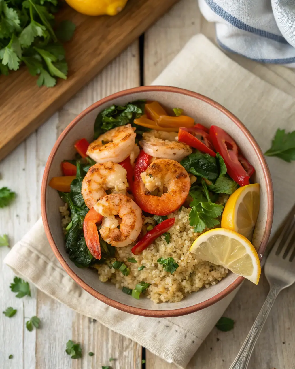 A bowl of spicy shrimp with quinoa and vegetables