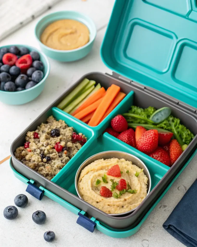 Organized vegan lunch box ready to go, featuring quinoa salad, hummus with veggie sticks, and berries for a quick meal.