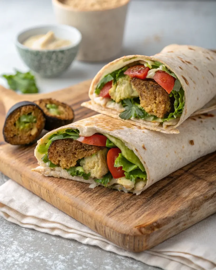 Two halves of a vegan wrap filled generously with falafel, hummus, and fresh vegetables, ready to eat.