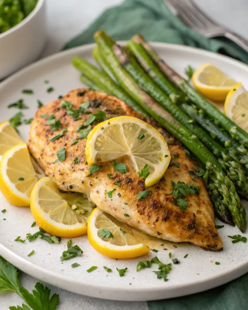 Served lemon herb chicken breast with asparagus on a plate
