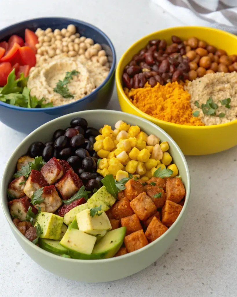 Three different styles of colorful Buddha bowls showcasing recipe variations like Mediterranean, Southwest, and Spicy Peanut.