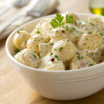 Creamy truffle potato salad topped with Parmesan and parsley