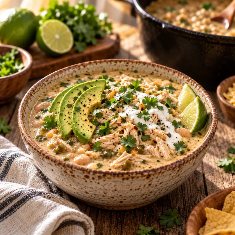 Bowl of creamy white chicken chili recipe topped with fresh avocado cilantro and tortilla strips