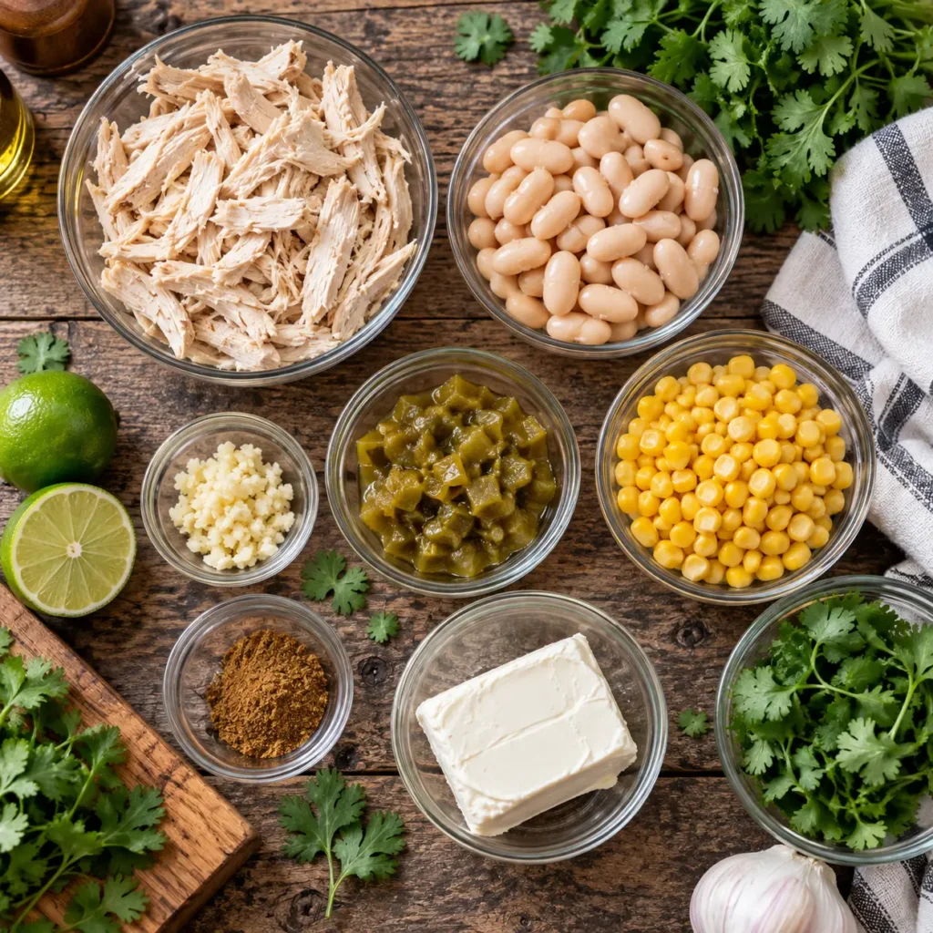 Fresh ingredients for white chicken chili including cooked shredded chicken white beans and green chiles