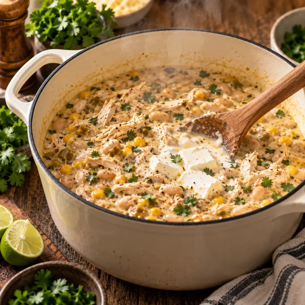 White chicken chili simmering smoothly in a Dutch oven on the stove