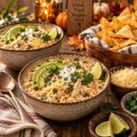 Dinner table setup featuring white chicken chili served with crunchy tortilla chips and cheddar cheese