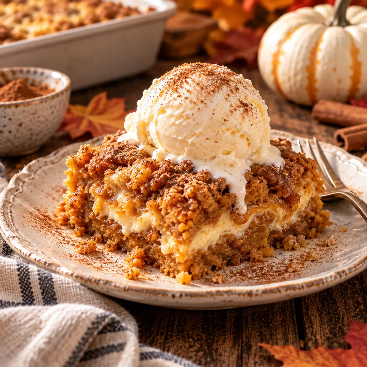 Slice of 5-ingredient pumpkin dump cake with cream cheese swirl and vanilla ice cream on a plate